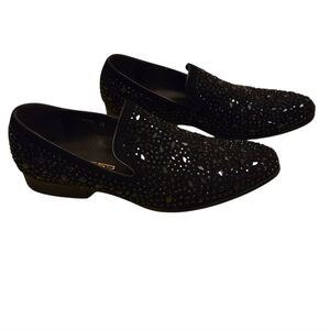Men's Black Leather Rhinestone Embellished Loafers